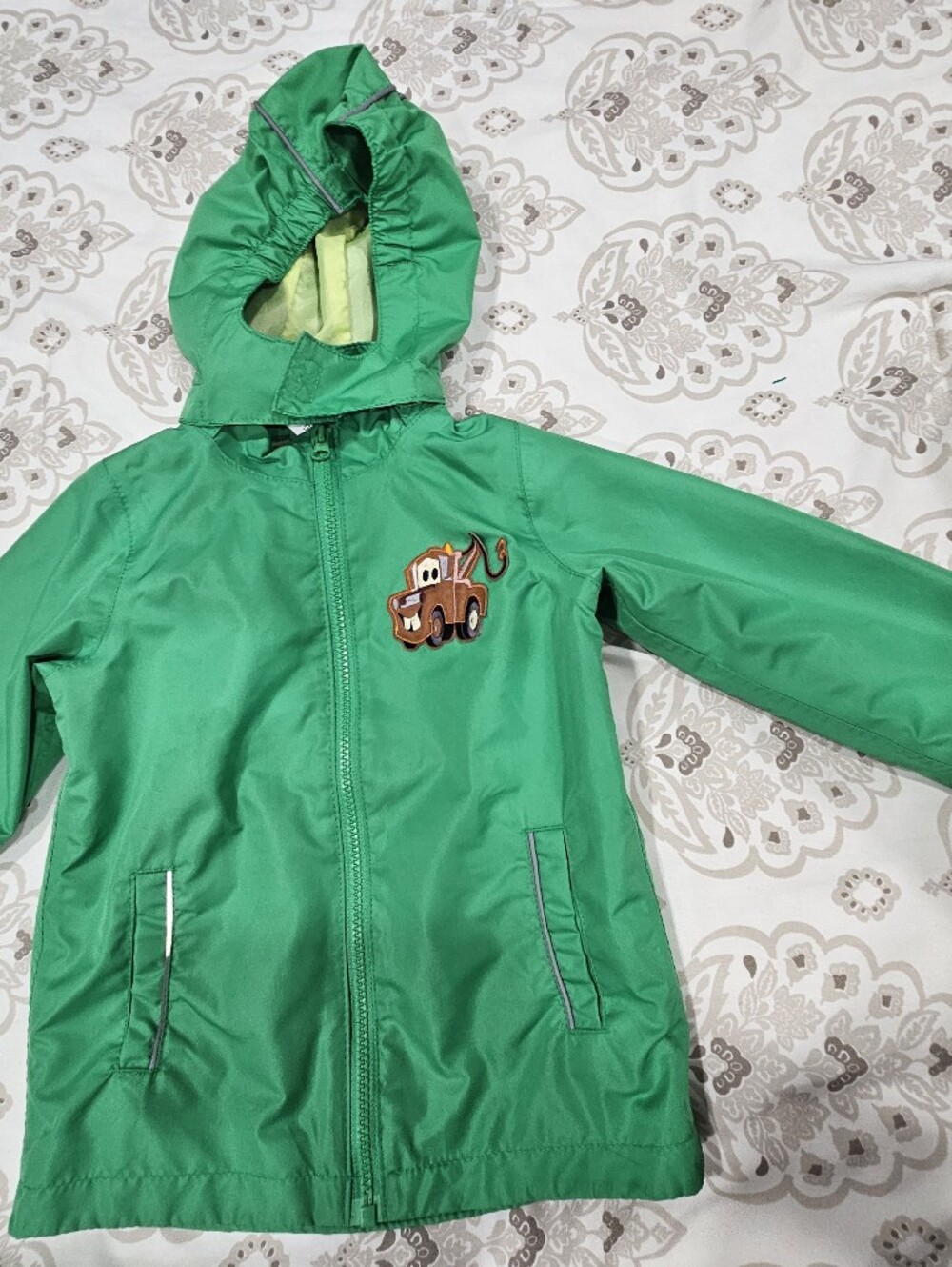 Kids Hooded Rain Jacket with Tow Truck Patch - Green